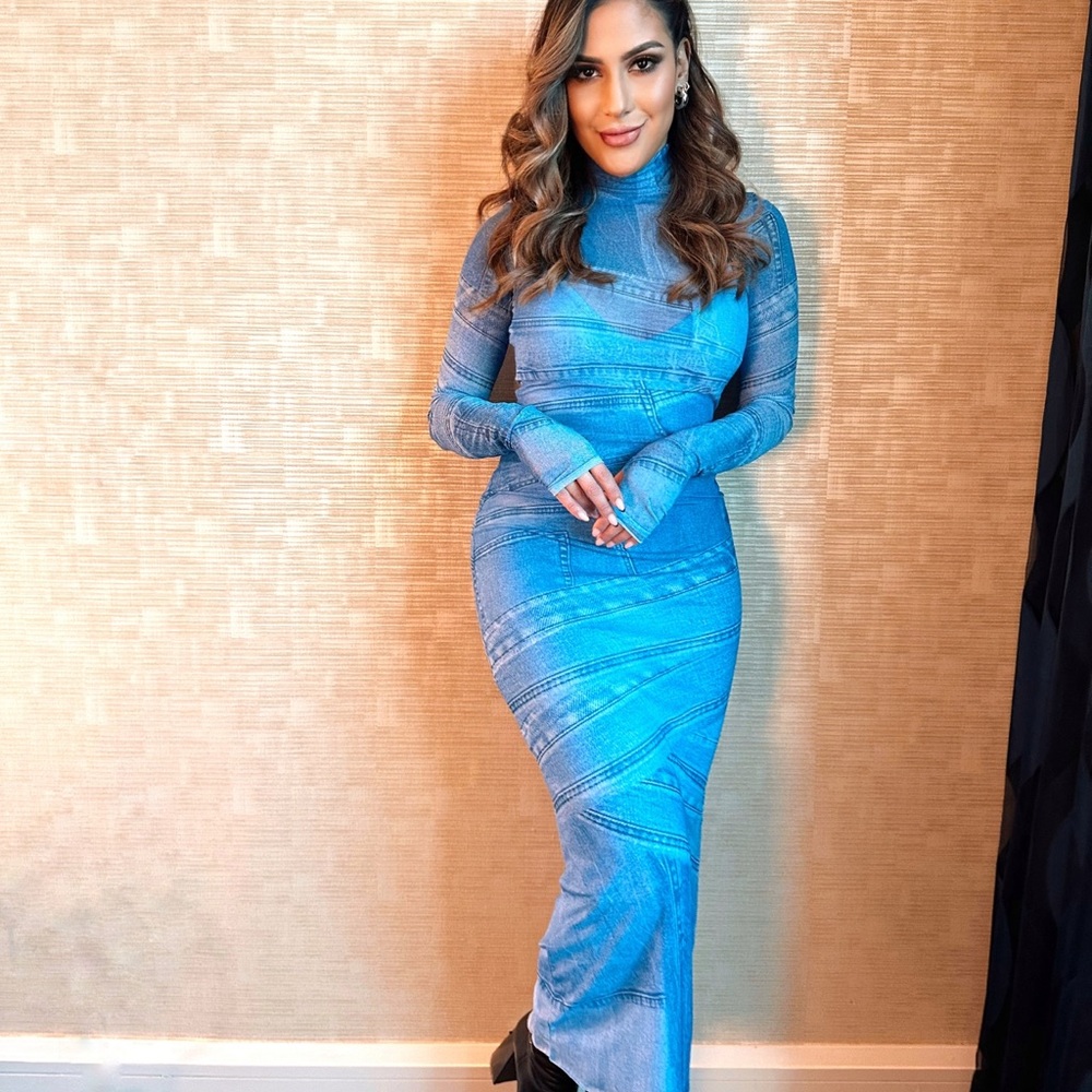 AFRM Blue Long Sleeve Turtleneck Maxi Dress
